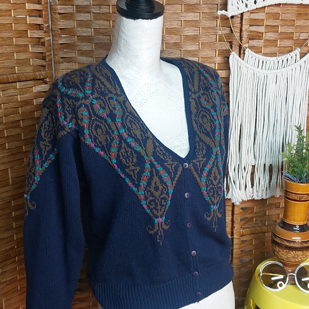 Vintage 1989 Susan Bristol Navy V-Neck Whimsigoth Cardigan Medium